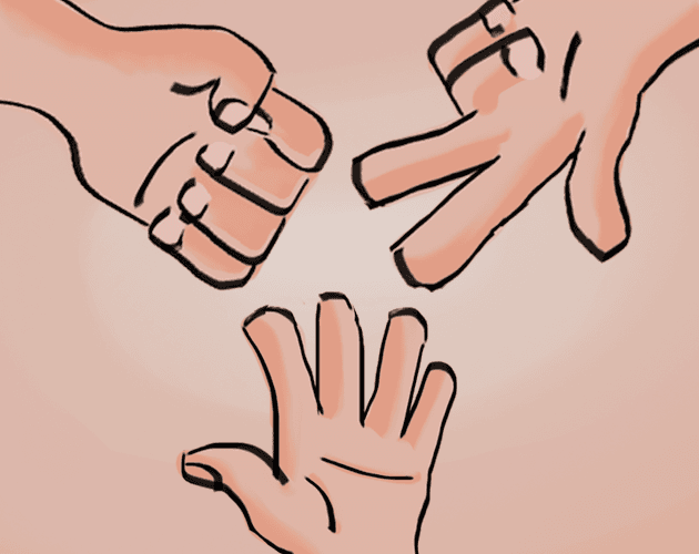 Three hands throwing bato, gunting and papel